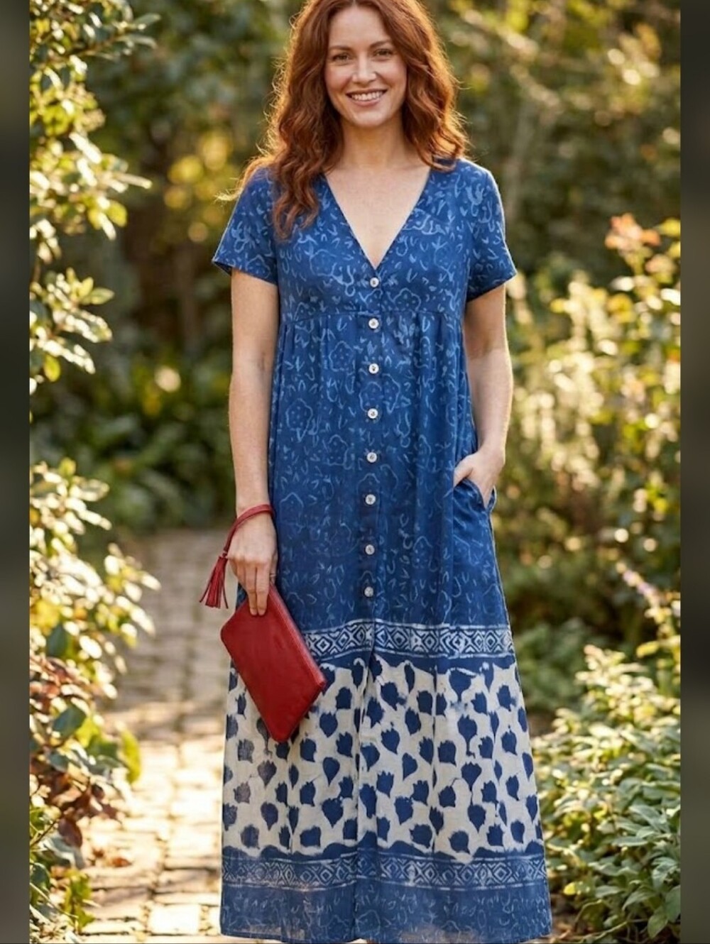 New NATURAL LIFE Blue Printed Button-Front Maxi Dress with Contrast Hem